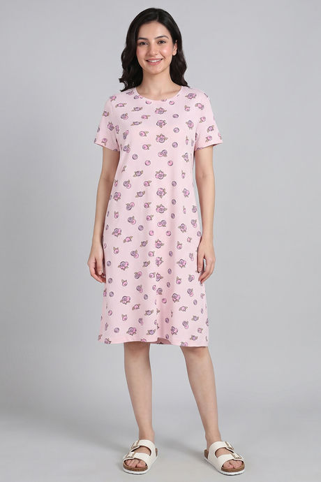 Zivame Farm Lore Knit Cotton Knee Length Nightdress - Light Pink — image 2